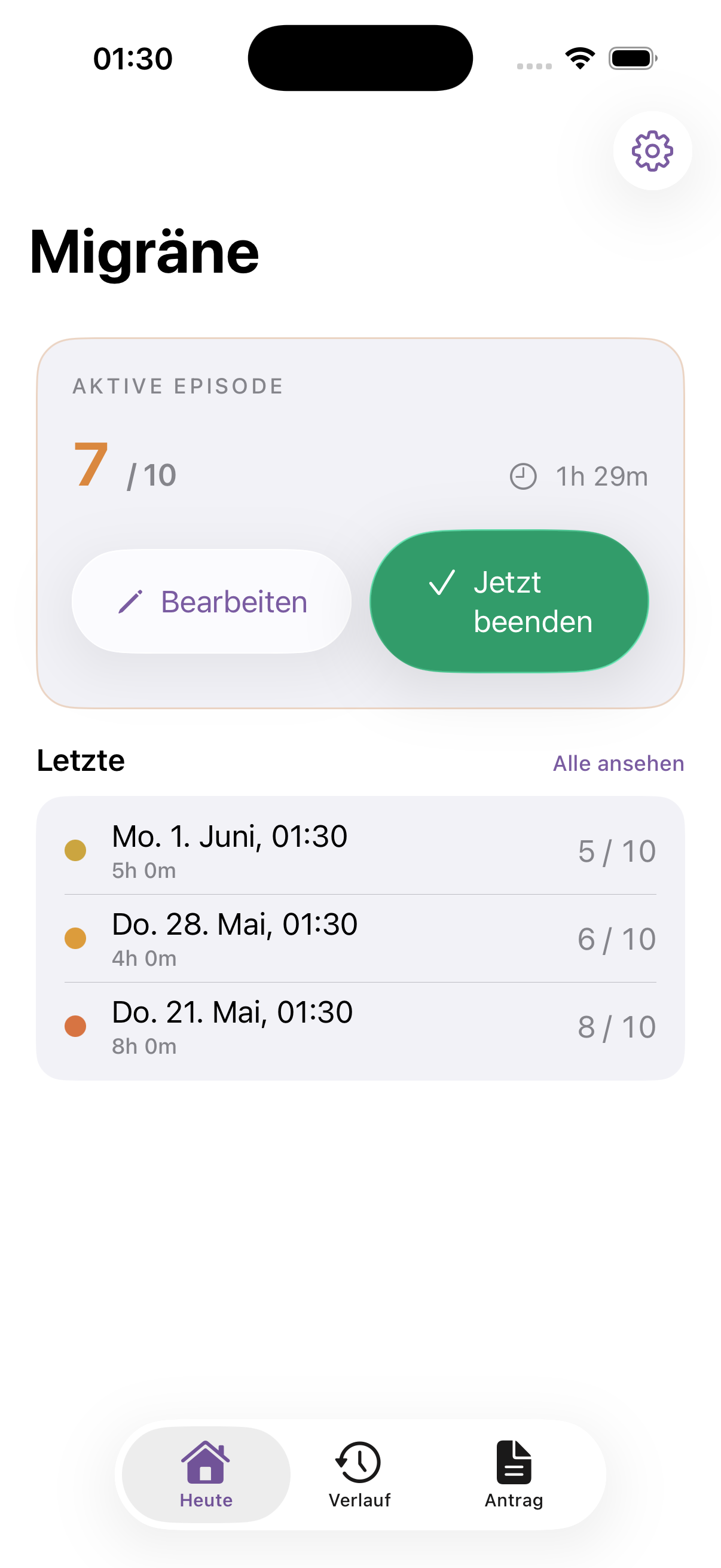 Migräne Tagebuch, Startbildschirm